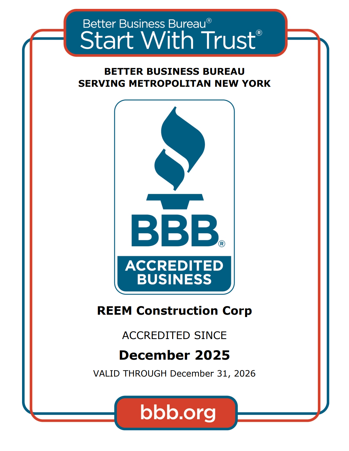 Reem Construction BBB Accredited Business certificate